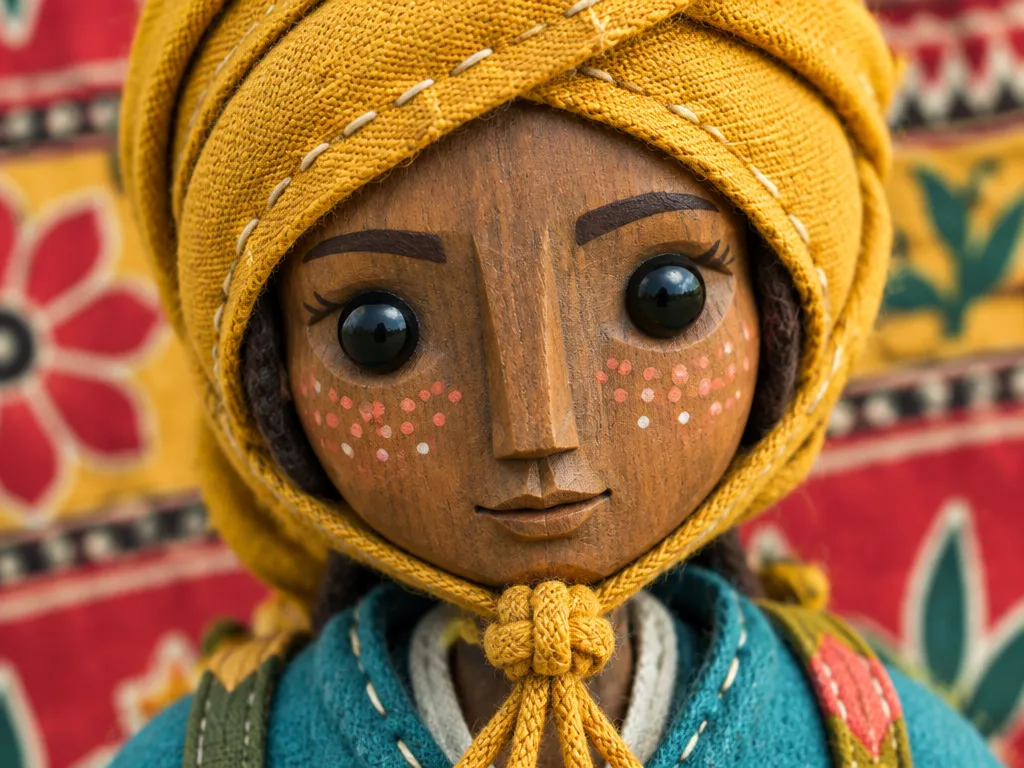 Close-up boneka Nima Farrow: wajah kayu berbintik cat, mata manik hitam, kain kepala kunyit, menatap lurus ke kamera.