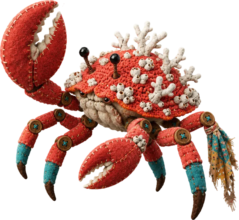 Sillclaw, kepiting karang raksasa dari rajutan merah dengan cabang karang putih di cangkangnya, capit besar terangkat.