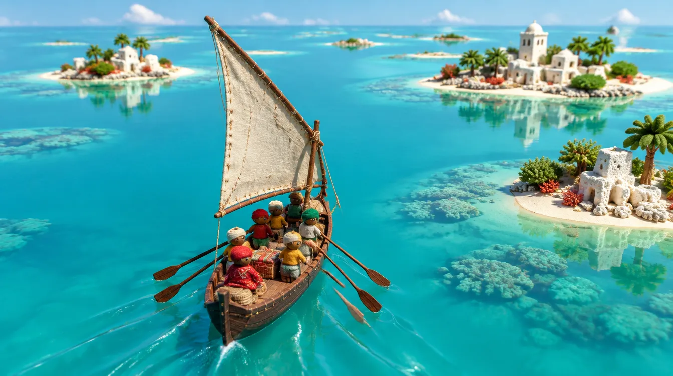 Tangkapan in-game: dhow The Kestrel dengan layar lemas didayung awak boneka di laut resin yang tenang, pulau karang kecil di depan.
